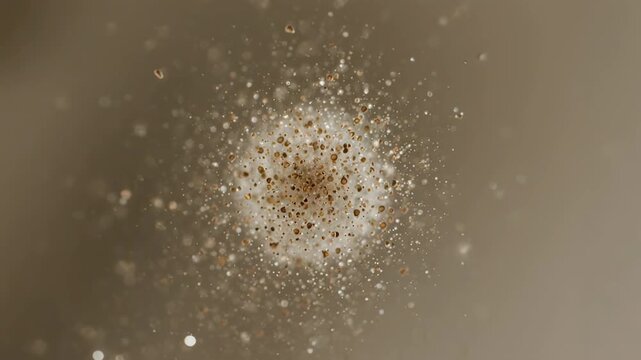 A brown and white powder explosion on a beige background.