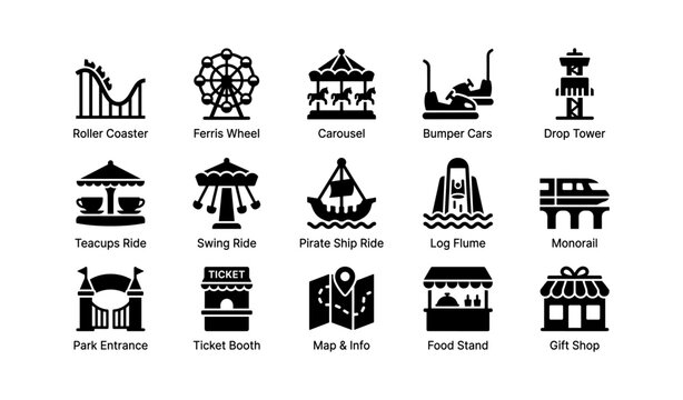 Amusement park attraction icons featuring rides and facilities
