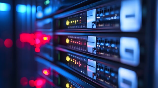 A close-up view of a server rack with illuminated indicators showcasing network activity