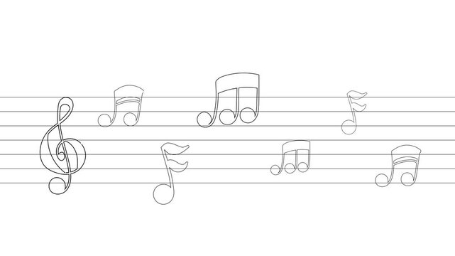The appearance of musical notes and lines on a white background. 4K