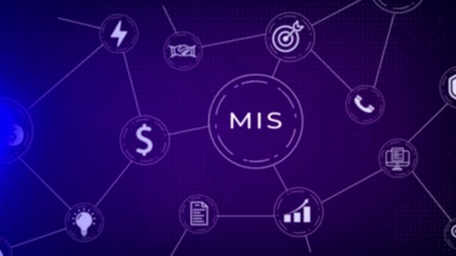A digital network diagram representing MIS management information systems with interconnected for finance, communication, goals, and data on a dark purple dotted map background with a blue glow