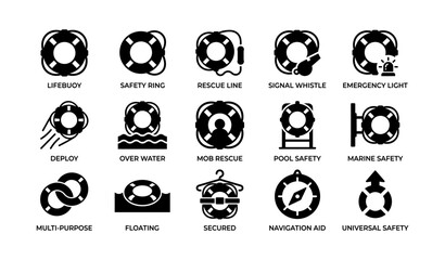 Safety icons: lifebuoy, safety ring, rescue line, signal whistle, emergency light