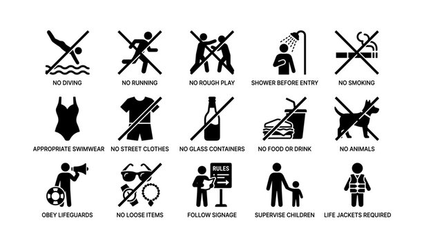 Pool safety rules icons: no diving, no running, no rough play, proper attire, lifeguard supervision