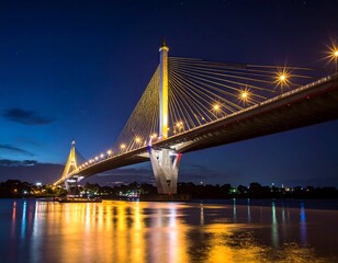 Fototapeta premium Illuminated suspension bridge over calm water at night, with a dark blue sky and city lights reflecting on the river