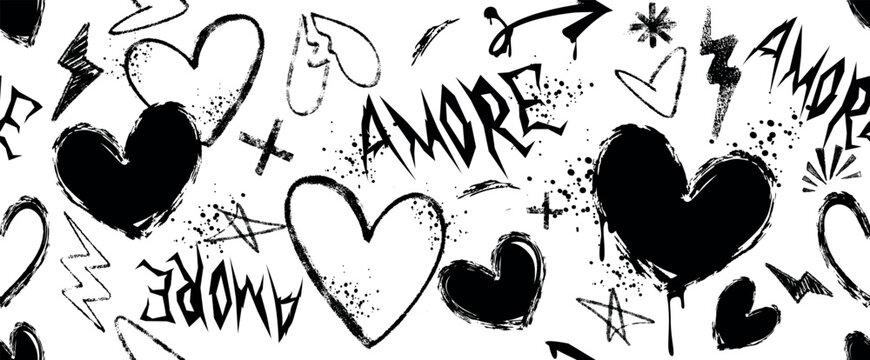 Seamless pattern with chalk pencil hearts, spray paint graffiti love elements, amore text in grunge urban style. Street art background with hand drawing trendy romantic print with ink drips, splatters