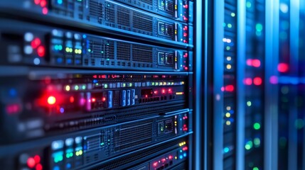 Fototapeta premium A close-up view of server racks illuminated by colorful LED indicators and lights