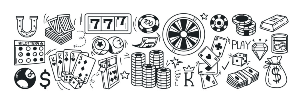 Hand drawing doodle casino and gambling games set. Vector black icons of playing cards, poker chips, roulette wheel, slot machine, gold bar and billiard balls. Lucky jackpot simple line sketch symbols