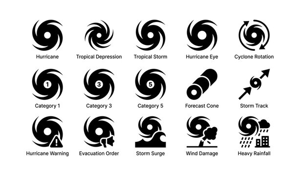 Hurricane and cyclone warning icons: storm categories, forecasts, and safety symbols