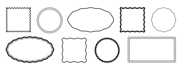 Hand drawn scallop wiggly edge frame different geometric shape. Black silhouette scalloped borders, serrated badges with wavy lace edges. Rectangle, oval, square, circle framework. Jagged box elements