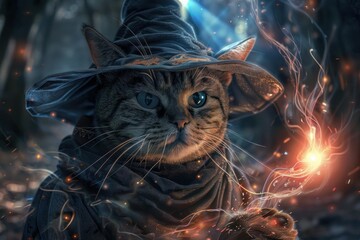 Naklejka premium Tabby cat wearing wizard hat casting magic spell with glowing light in mysterious fantasy forest