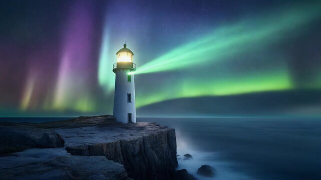 A serene lighthouse standing on a rocky cliffside, beacon shining bright under the vibrant colors of the aurora borealis