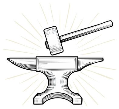 Vintage style anvil and hammer illustration depicting strength hard work and creation