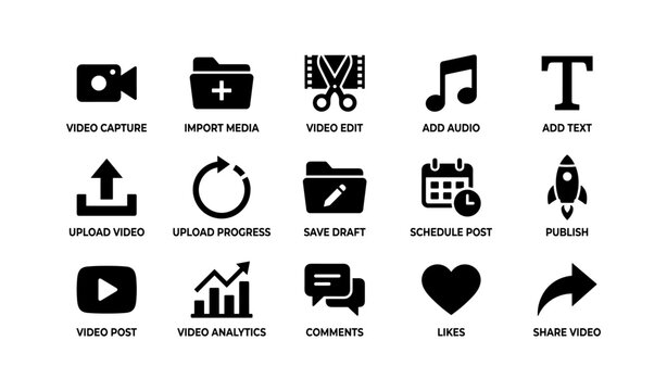 Video creation and management icons for editing and social media workflow