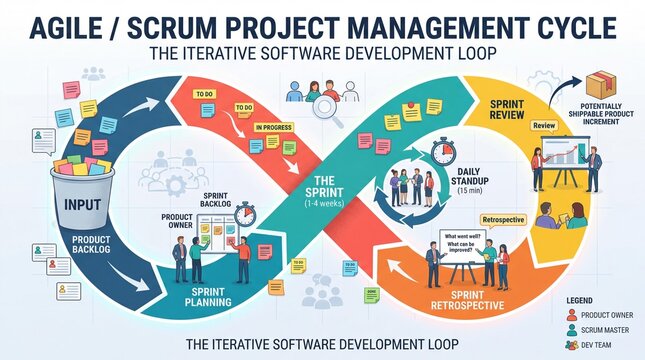 Infographic Diagram Showing The Agile And Scrum Project Management Cycle