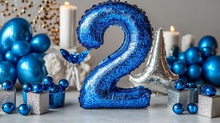 A blue balloon with the number 2 on it is surrounded by other blue balloons and silver balloons. The balloons are scattered around a table and there are candles in the background