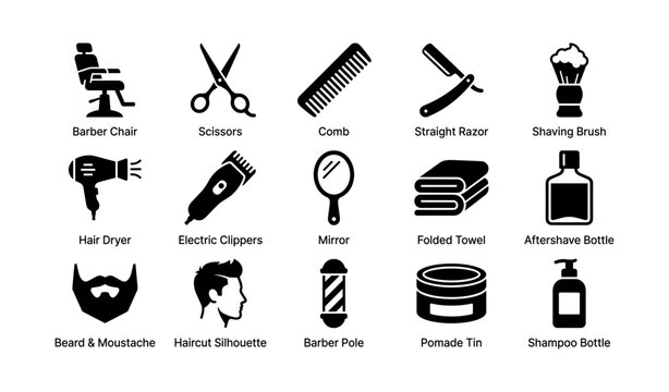Essential barber shop tools and accessories icons set