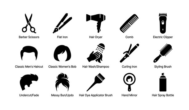 Hair styling tools and haircuts: scissors, flat iron, hair dryer, and icon set