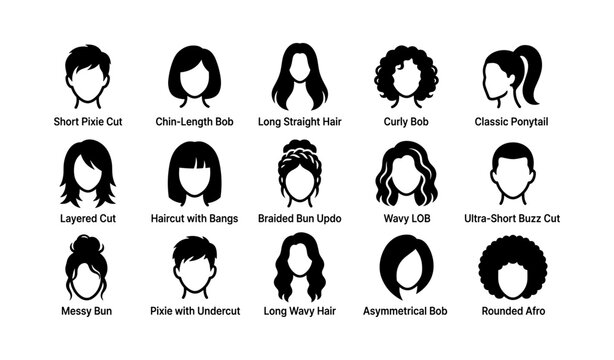 Diverse haircut styles for women and men: pixie, bob, afro, ponytail