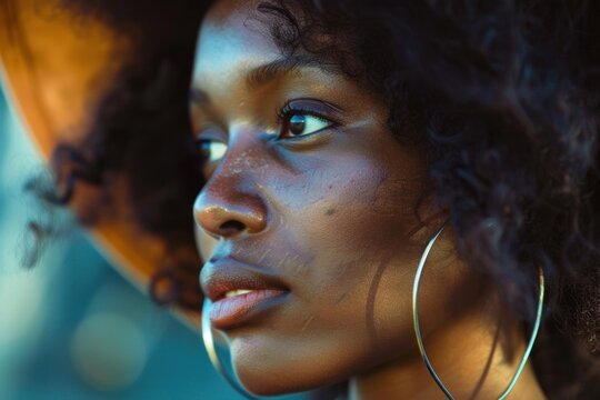 Close up portrait of a beautiful young black woman with curly hair, wearing a hat and large hoop earrings, highlighting her unique scarification marks