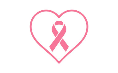 Pink ribbon symbol inside a heart outline on transparent background, cancer awareness symbol 