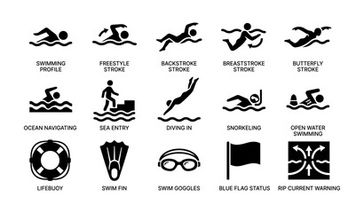 Fototapeta premium Swimming and water activity icons: strokes, safety, diving, snorkeling, open water