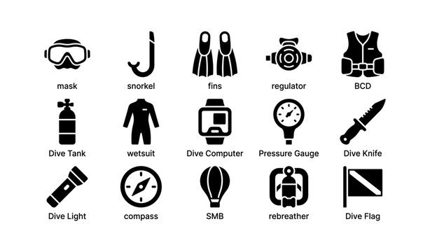 Scuba diving equipment icons: mask, snorkel, fins, regulator, bcd, dive knife, rebreather
