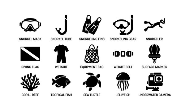 Snorkeling gear icons: mask, fins, tube, and diving essentials