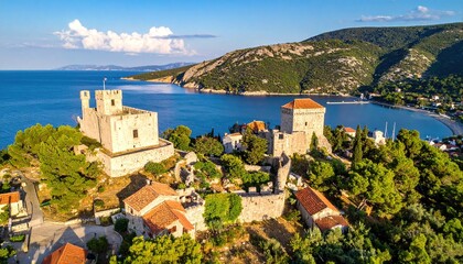 Aerial shot of ancient stone castle atop a hill overlooking a bay, mountains, and the sea