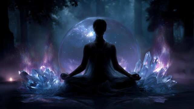 Enigmatic figure meditating in cosmic bubble, crystal forest, spiritual awakening, astral projection, metaphysical retreat, ethereal meditation, mystical energy.