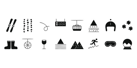 Collection of black and white icons representing winter sports and activities on a white background © SaHeD
