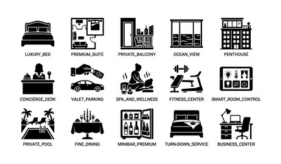 Fototapeta premium Hotel amenities icons: luxury bed, premium suite, private balcony, ocean view, penthouse, concierge desk, valet parking, spa, fitness center, smart room control