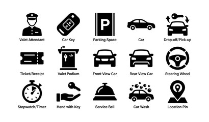 Valet service icons: car, key, parking space, attendant, timer