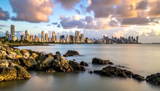 Cityscape glows at dusk behind rocks in smooth water, clouds reflecting warm light