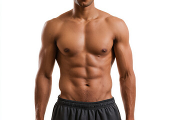 athletic male torso with strong abs, frontal view on white seamless background, relaxed neutral posture, even studio lighting.