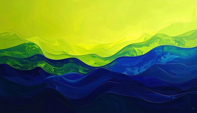 An abstract ocean scene created using layered brushstrokes of yellow, green, and blue