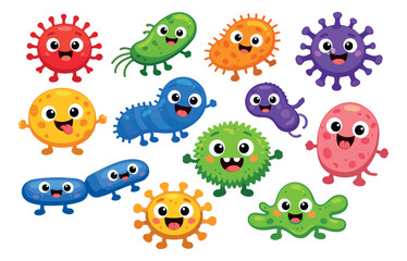 Obraz premium Cute cartoon microbe set featuring funny germ characters for science and health education