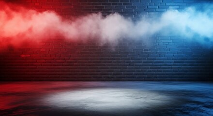 Naklejka premium Smoke effects on brick wall with red blue lights on concrete floor interior scene