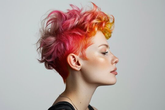Profile of a woman with a short haircut and gradient color from pink to yellow