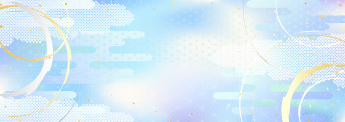 空や水のようなグラデーションと和の伝統的な模様を合わせた背景イラスト