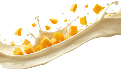 A splash of creamy milk with chunks of mango in motion