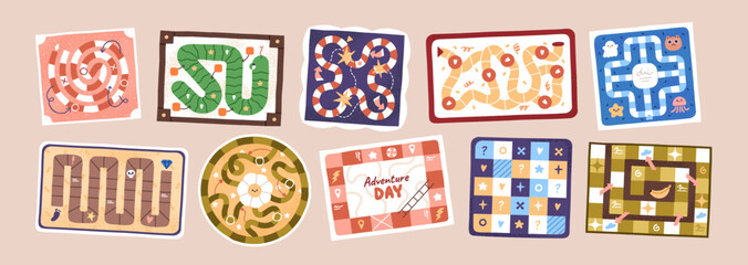 Top view of board games, maze race set. Step by step puzzles with path way, labyrinth and arrows. Boardgame, quest and strategy play with track. Flat vector illustration isolated on white background