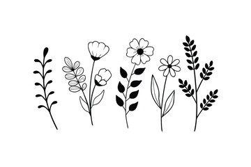 Botanical Line Art Flower Set, Minimal Floral and Leaf Outline Collection Isolated on White Background

