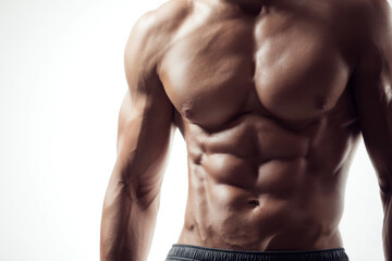 Obraz premium faceless athletic man front facing with sculpted abs on white background, soft diffused light, shallow depth of field.