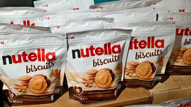 Multiple Nutella Biscuits pouches with creamy hazelnut and cocoa filling displayed on a cardboard box in a retail warehouse store or supermarket on February 10, 2026 in Bangkok, Thailand.