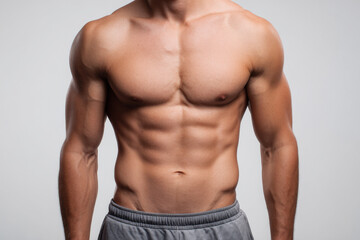 Obraz premium faceless fit male torso front view with strong abs, white seamless background, neutral stance, balanced studio lighting.