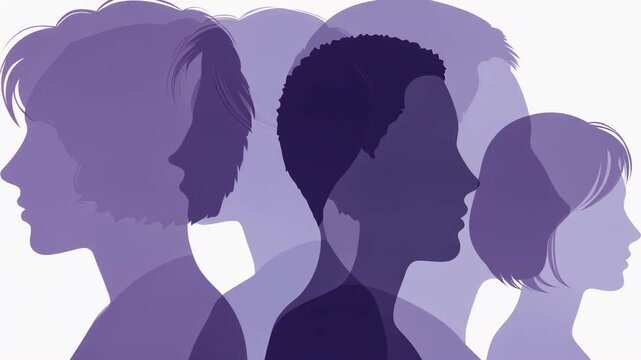 Multiple overlapping silhouettes of diverse people's profiles in shades of purple, symbolizing unity and connection.