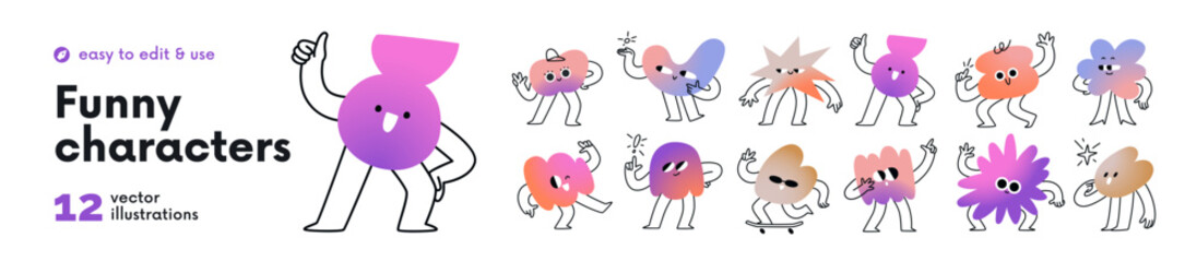 Set of funny doodle blobs, funky figures. Abstract cartoon shapes characters with happy smiling faces, emotions, expressions. Cute comic emoji. Flat vector illustration isolated on white background