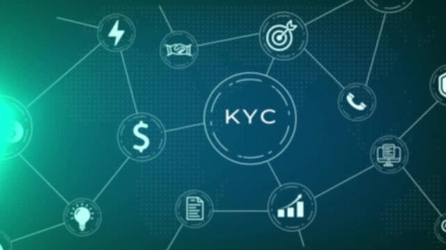 Digital network diagram representing Know Your Customer KYC principles with linked for finance, identity, and security on a dark blue and green gradient background with a map