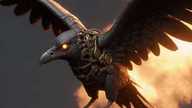 Dark steampunk raven with glowing orange eyes and clockwork body