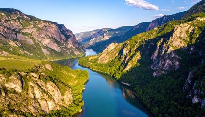 Fototapeta premium A winding river flows through a dramatic gorge, flanked by high, rocky mountain slopes
